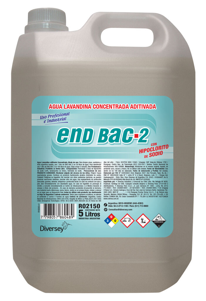 END BAC II 4x5L - LIMPIADOR DESINFECTANTE CON HIPOCLORITO DE SODIO. VIRUCIDA, BACTERICIDA Y FUNGUICIDA PARA USO INSTITUCIONAL